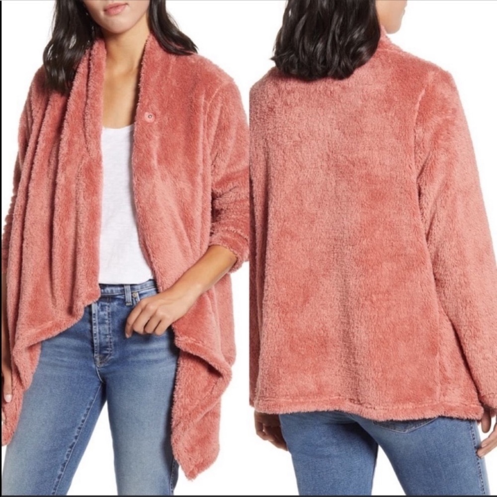 BOBEAU Faux Shearling Drape Front Cardigan Pink XS